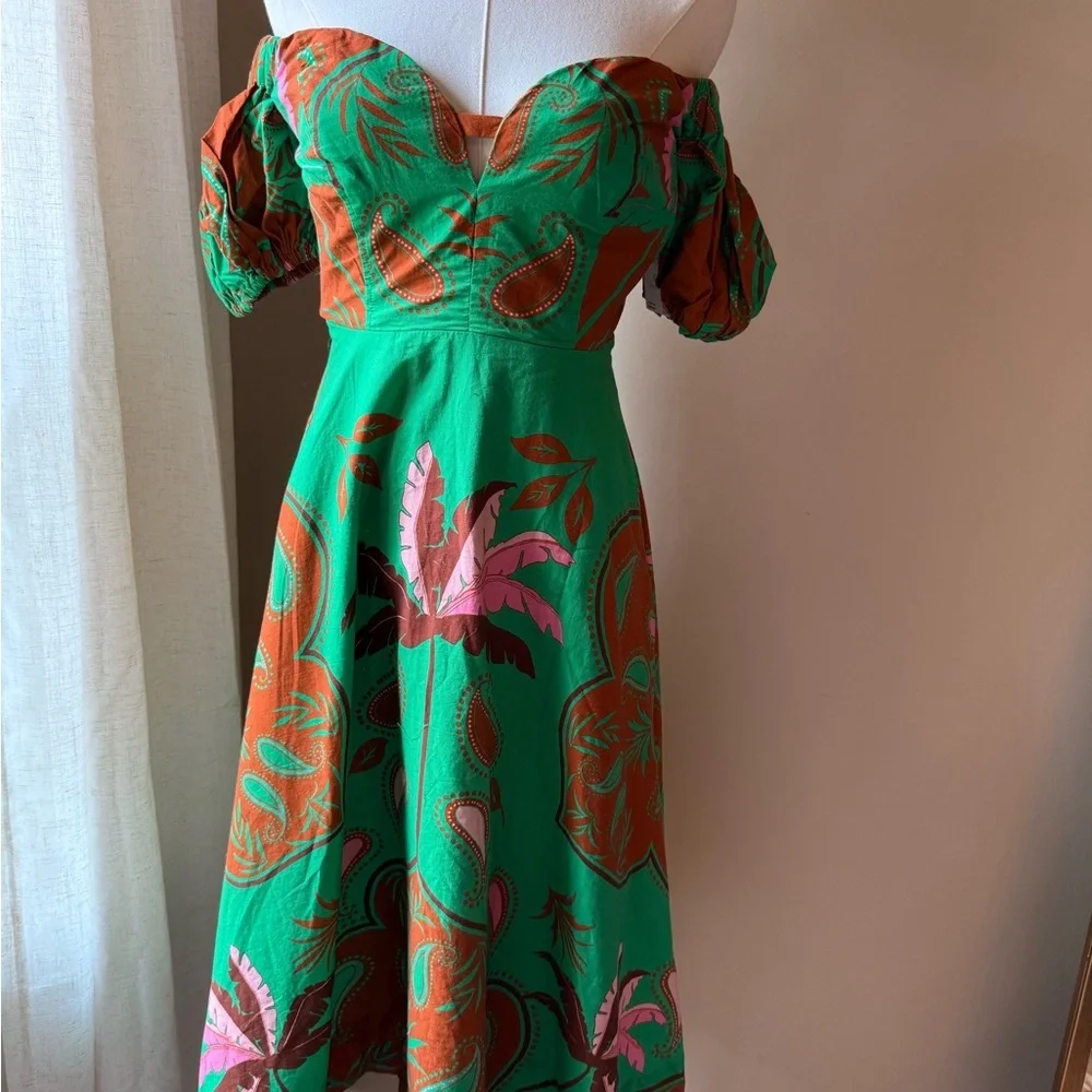 Anthropologie Green and Orange Puff Sleeve Sundress - Picture 2 of 5
